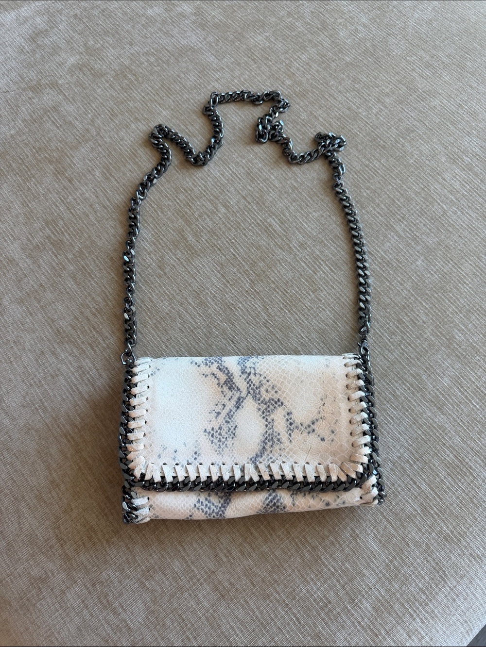 Leather White Snake-Print Crossbody with Gunmetal Chain